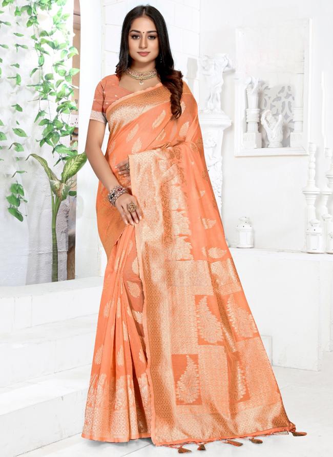 Top Dyed Silk Orange Festival Wear Weaving Saree